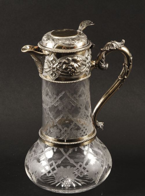fig 1. Antique Victorian Sterling Silver Gilt and Cut Crystal Claret Jug 1873 19th C