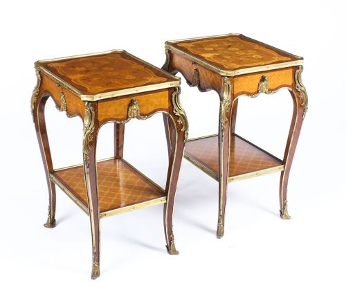 Antique Pair Louis Revival Kingwood Marquetry & Ormolu Side Tables 19th C
