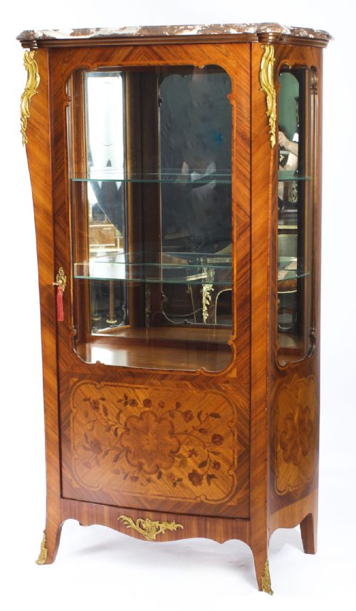 Antique French Kingwood Marquetry Ormolu Mounted Vitrine Cabinet 19th C
