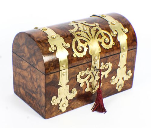 Antique Burr Walnut Cut Brass Mounted Stationery Box C1860 19th C
