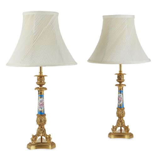 Antique Pair French Ormolu & Sevres Bleu Celeste Porcelain Lamps 19th C
