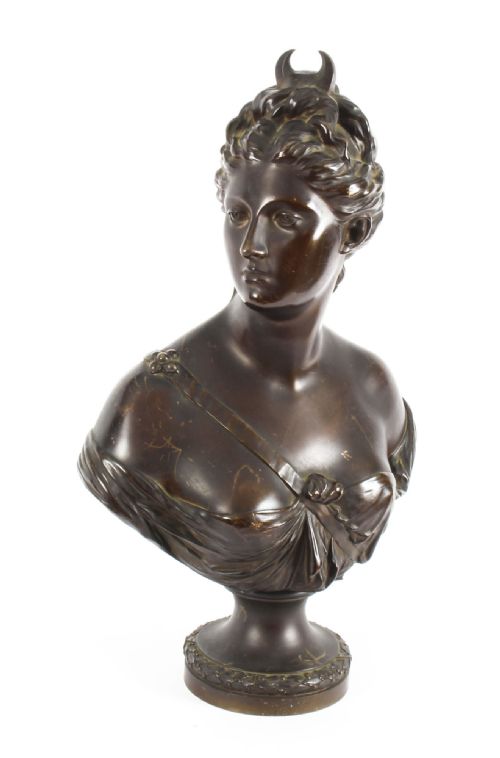 Antique Sculpted Polished Bronze Bust of the Roman Goddess Diana 19th C
