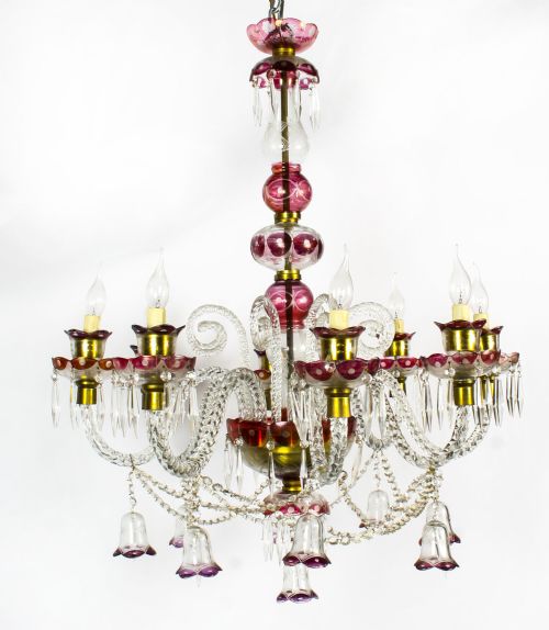 Antique Venetian Eight Light Cranberry Crystal Chandelier Circa 1900

