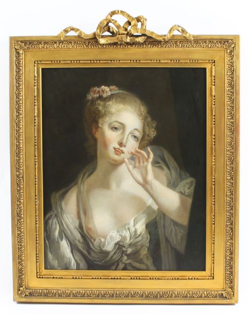 Antique French Oil Painting of a Young Maiden Gilded Frame 1850 19th C

