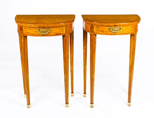 Antique Pair Adam Revival Demilune Satinwood Side Console Tables 19th C
