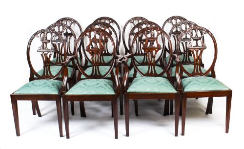 Antique Set 12 Hepplewhite Mahogany Dining Chairs 19th Century
