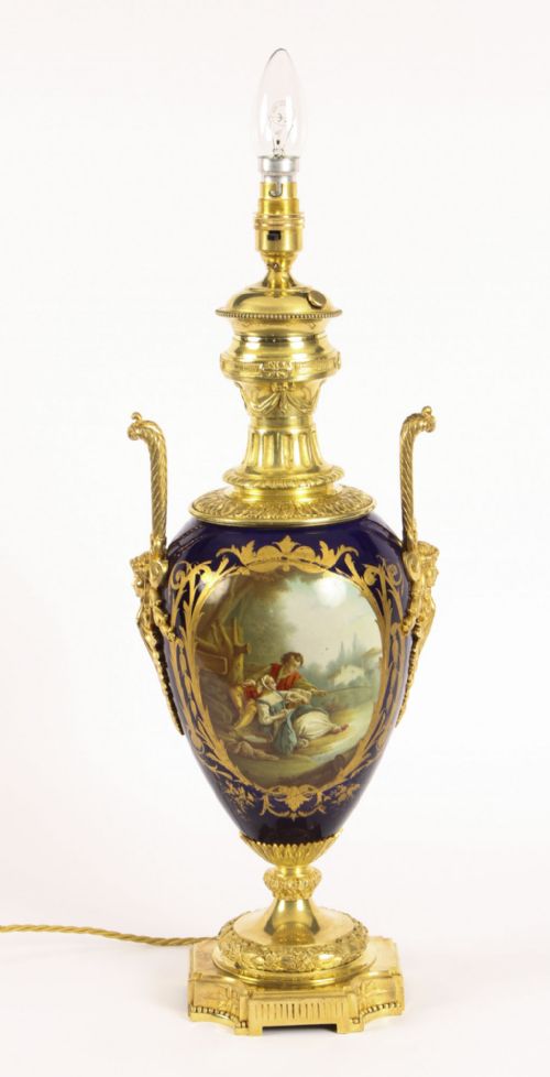 fig 1. Antique Cobalt Blue Sevres Porcelain Ormolu Table Lamp c.1880 19th C
