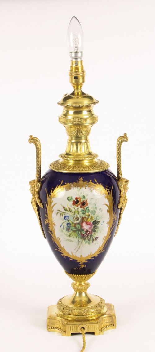 fig 3. Antique Cobalt Blue Sevres Porcelain Ormolu Table Lamp c.1880 19th C
