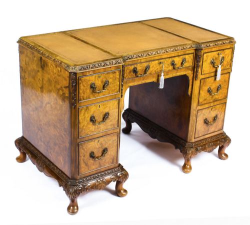 Antique Edwardian Burr Walnut Pedestal Desk Circa 1900
