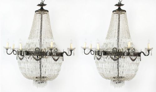 Antique Pair Louis Revival 20 Light Ballroom Cut Crystal Tent Chandeliers C1920

