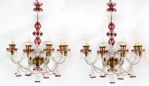 Antique Pair of Venetian 8 Light Crystal Cranberry Chandeliers C1900
