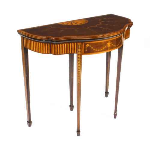 Antique Mahogany and Satinwood Inlaid Serpentine Card Console Table Circa 1900
