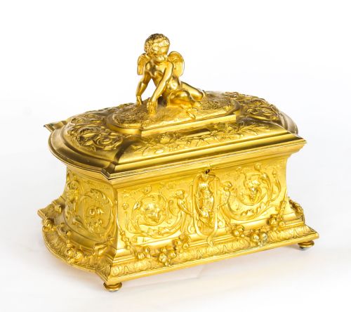 Antique Monumental French Ormolu Casket with Cupid 19th Century
