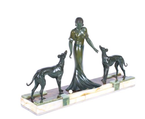 Antique Art Deco Bronze Figure of a Maiden & Hounds P.huguenot C1920
