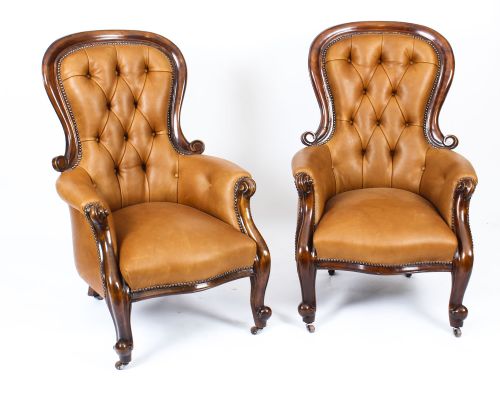 Antique Pair English Victorian Mahogany Spoonback Leather Armchairs 19th C
