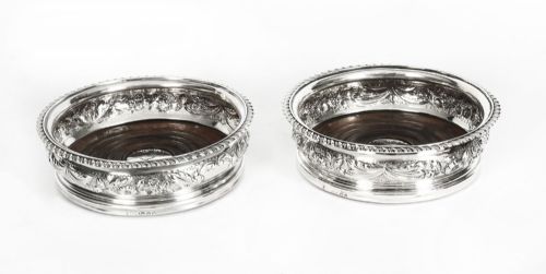 Antique Pair Georgian Sterling Silver Wine Coasters Dated 1824 19th C
