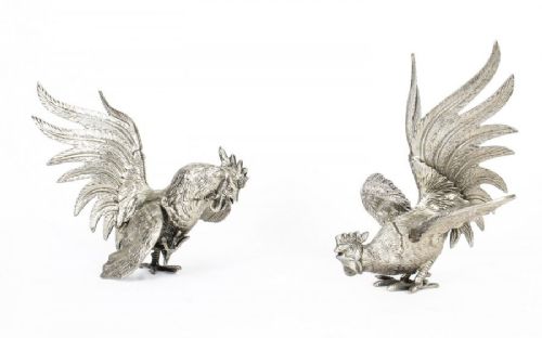 Antique Pair French Silver Plated Fighting Cockerels C 1880 19th C
