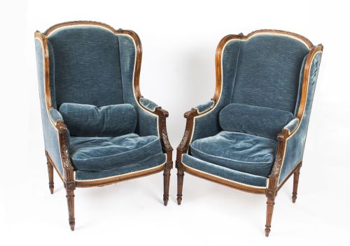 Antique Pair of Louis Xv Revival Fauteuil Wingback Armchairs 19th C
