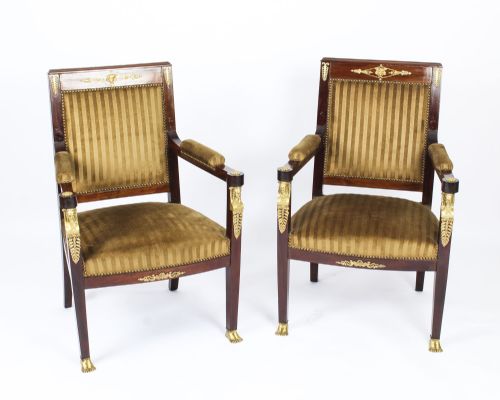 Antique Pair Empire Revival Ormolu Mounted Armchairs C1880 19th C
