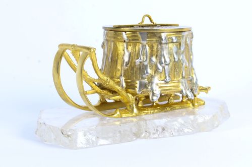 Antique Russian Gilt Bronze Rock Crystal Sleigh Sculpture Inkwell C 1840
