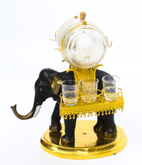Antique Patinated Bronze & Ormolu Elephant Liqueur Set Tantalus 19th C
