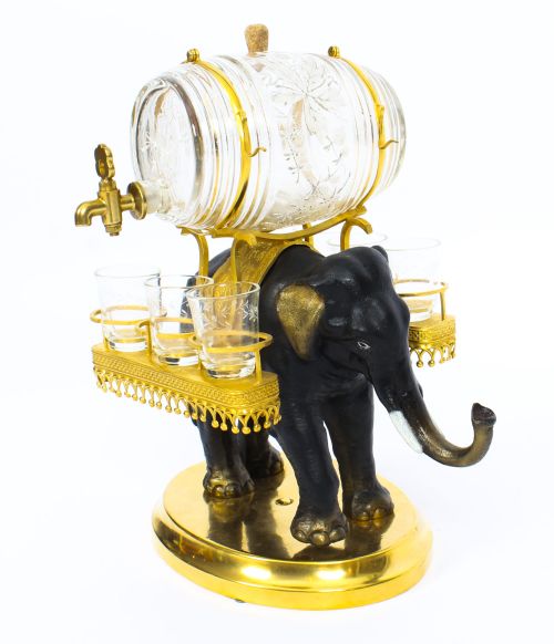 fig 1. Antique Patinated Bronze & Ormolu Elephant Liqueur Set Tantalus 19th C