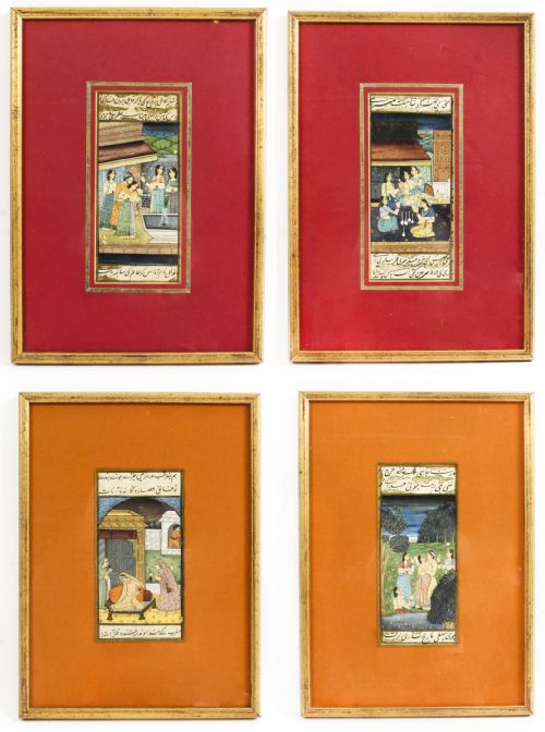 Set 4 Framed 19th Century Antique Indian Miniature Paintings Mughal Harem Scenes
