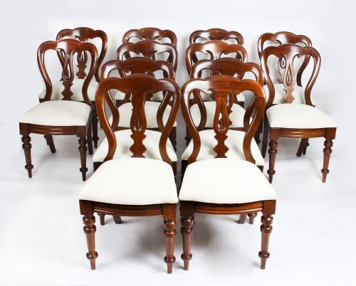 Antique Set 12 Victorian Mahogany Spoon Back Dining Chairs 19th C
