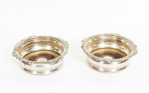 Antique Pair Old Sheffield Silver Plated Wine Coasters C1825 19th Century
