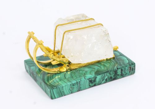 Antique Russian Gilt Bronze Malachite Rock Crystal Sleigh Sculpture C 1870
