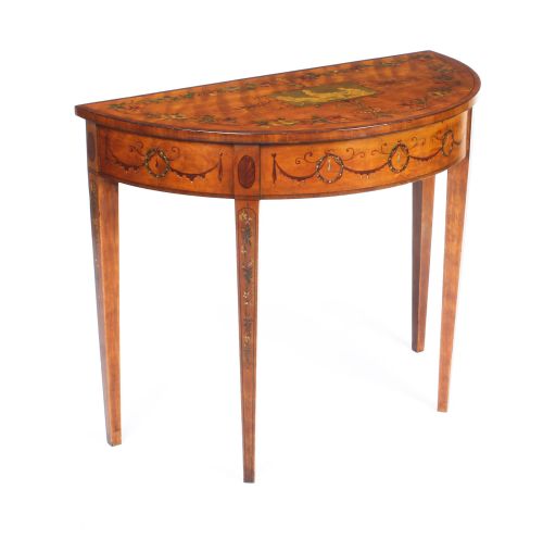 Antique Victorian Satinwood and Harewood Half Moon Painted Console Table 19th C
