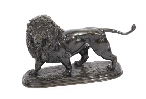 Antique French Bronze Sculpture of a Pacing Lion by Edouard Delabrierre 19th C
