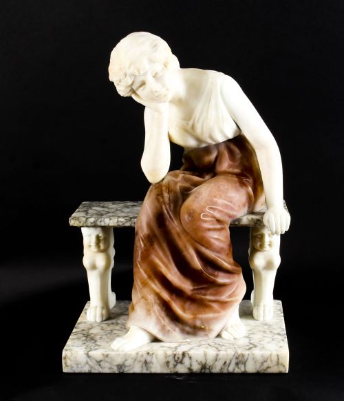 Antique Alabaster Sculpture Wistfulness Young Lady on a Bench Late 19th Century
