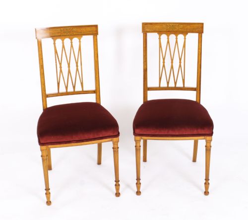 Antique Pair Satinwood Sheraton Revival Side Chairs by Maple & Co C1870 19th C
