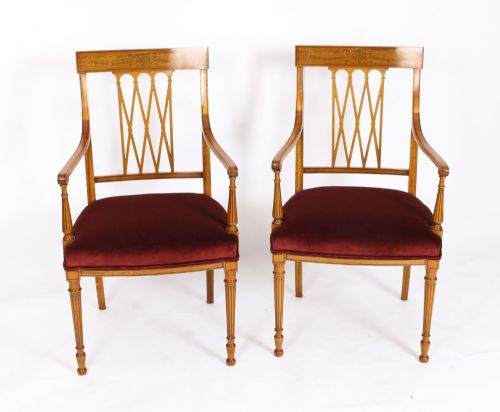 Antique Pair Sheraton Revival Satinwood Armchairs by Maple & Co C1870 19th C
