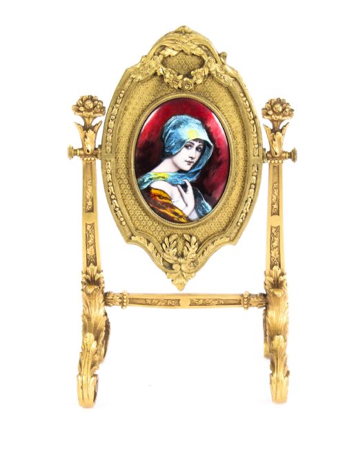 ANTIQUE FRENCH ORMOLU LIMOGES ENAMEL TABLE MIRROR FBIENVUE 19TH C - ADDITIONAL PHOTO 1