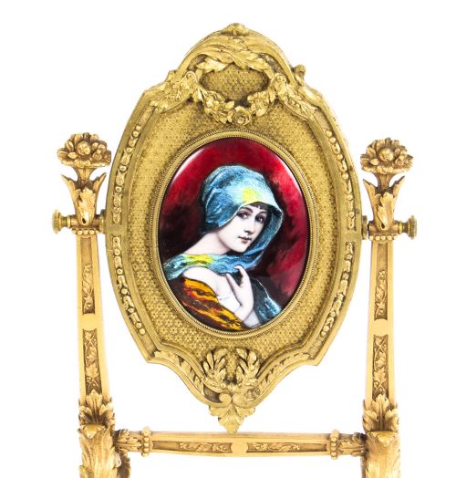 ANTIQUE FRENCH ORMOLU LIMOGES ENAMEL TABLE MIRROR FBIENVUE 19TH C - ADDITIONAL PHOTO 2