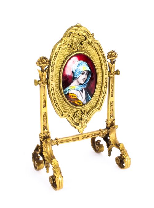 ANTIQUE FRENCH ORMOLU LIMOGES ENAMEL TABLE MIRROR FBIENVUE 19TH C - ADDITIONAL PHOTO 10