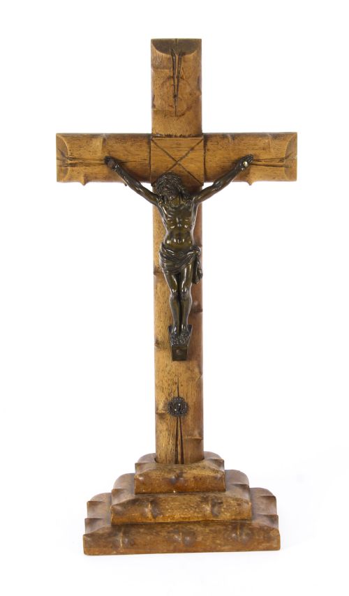 Antique French Dark Patinated Altar Corpus Christi Hardwood Cross & Base C1900
