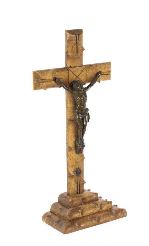 fig 1. Antique French Dark Patinated Altar Corpus Christi Hardwood Cross & Base C1900
