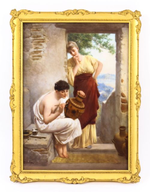 Antique Berlin Kpm Plaque 'Kunst Bringt Gunst Signed Knouller Ca 1880

