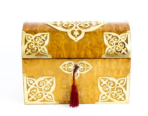 Victorian Spalted Ash Stationery Box with Domed Lid & Brass Strapwork C1880
