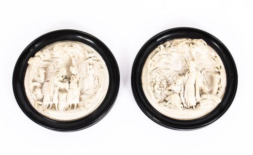 Antique Pair Ivorine Wall Plaques Old Testament Scenes Ebonised Frames 19th C
