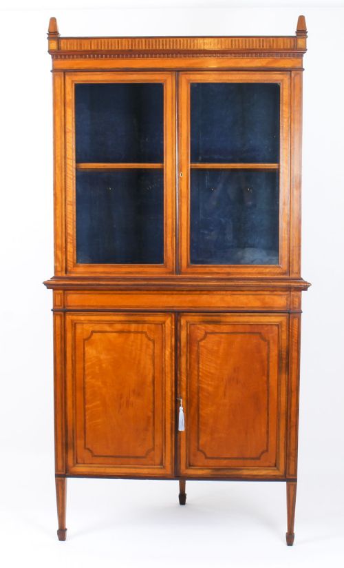 Antique English Sheraton Revival Satinwood Corner Cabinet C.1890 19th C
