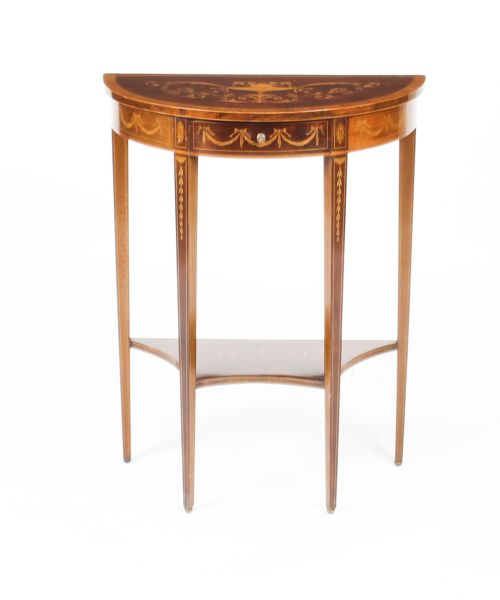 Antique Regency Revival Marquetry Demi Lune Console Table 19th C
