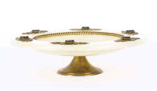 ANTIQUE ITALIAN PIETRA DURA MOUNTED BRASS AND ALABASTER COMPORT DISH 19TH C - ADDITIONAL PHOTO 1