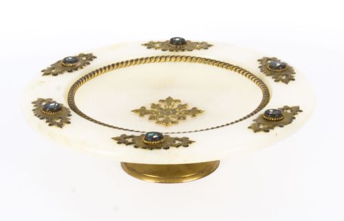 ANTIQUE ITALIAN PIETRA DURA MOUNTED BRASS AND ALABASTER COMPORT DISH 19TH C - ADDITIONAL PHOTO 2