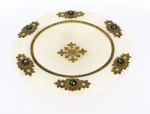 ANTIQUE ITALIAN PIETRA DURA MOUNTED BRASS AND ALABASTER COMPORT DISH 19TH C - ADDITIONAL PHOTO 3