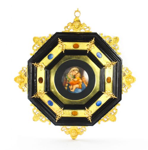 Antique Italian Framed Hand Painted Miniature Madonna & Child 19th C
