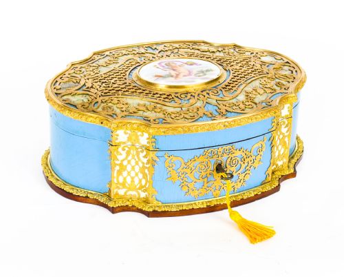 Antique French Enamel Ormolu & Mother of Pearl Jewellery Casket 19th C
